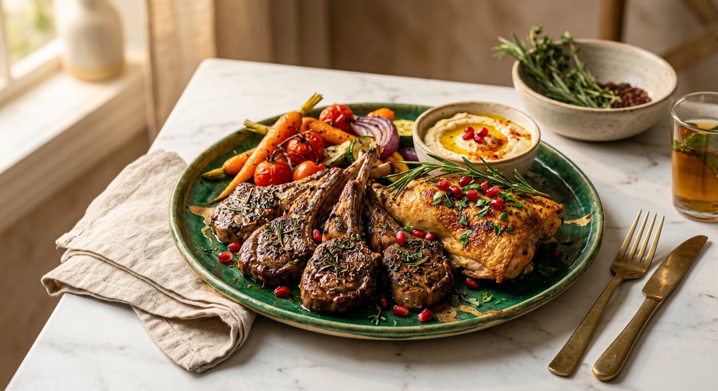 Beautifully plated premium halal grilled meats with fresh herbs and Mediterranean sides